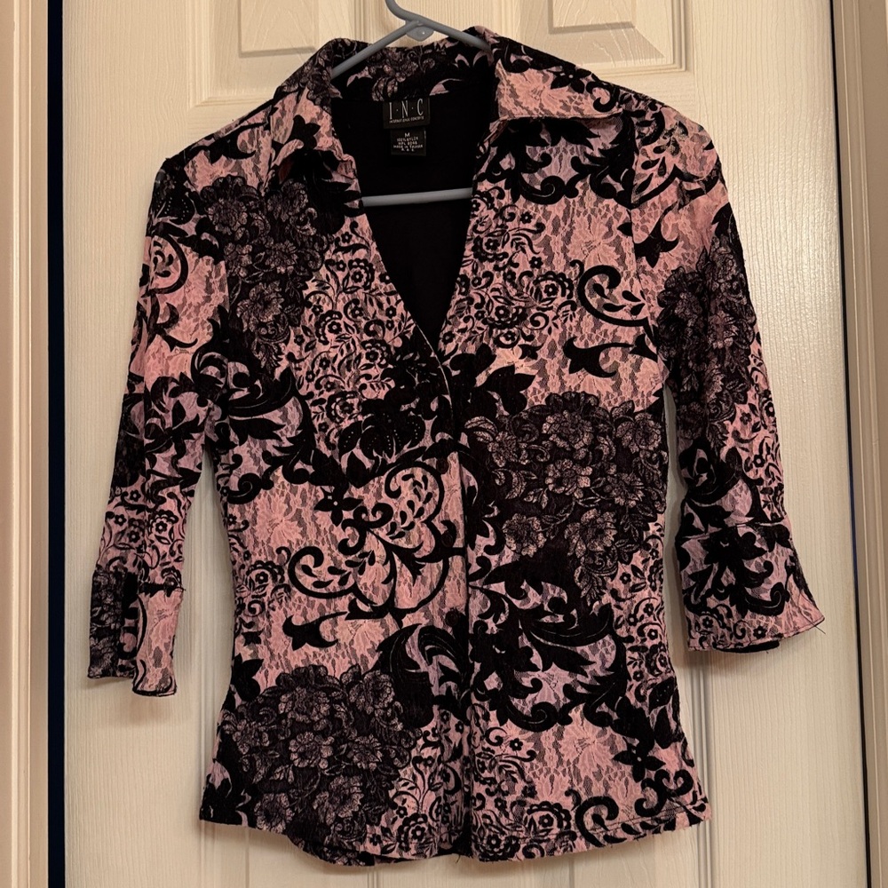 INC International Concepts Women's Black and Pink Lace Overlay Top. Size Medium